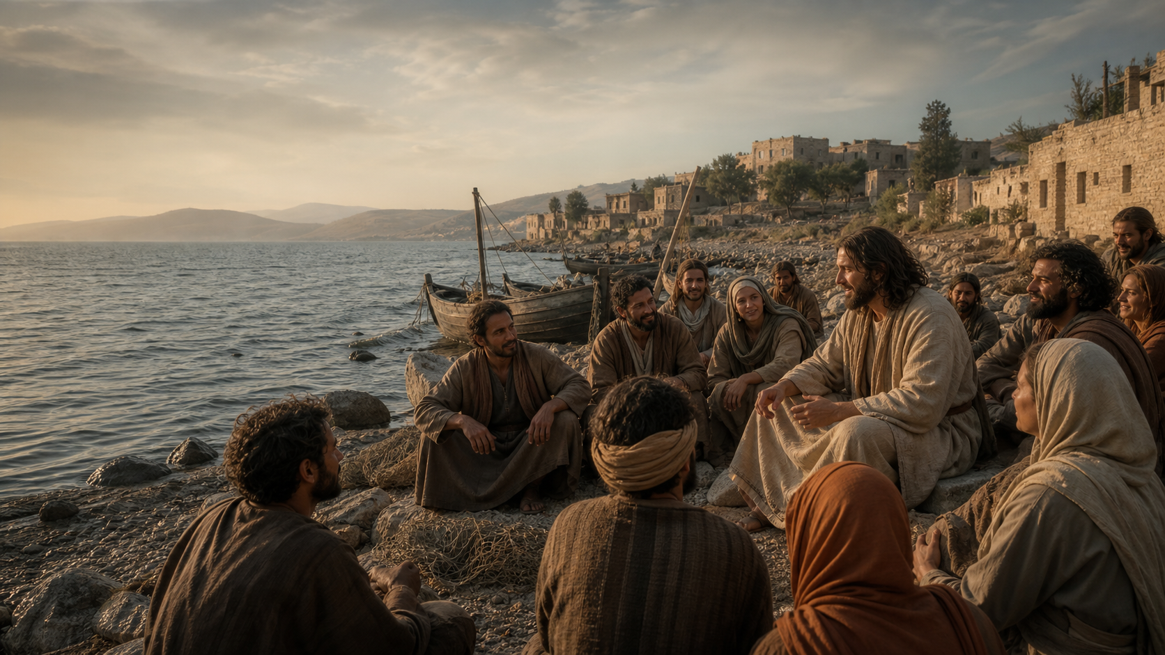 Jesus speaking with disciples and ordinary people beside the Sea of Galilee