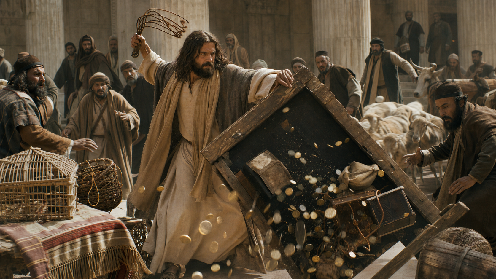 Jesus overturning a money changer table during the cleansing of the Temple