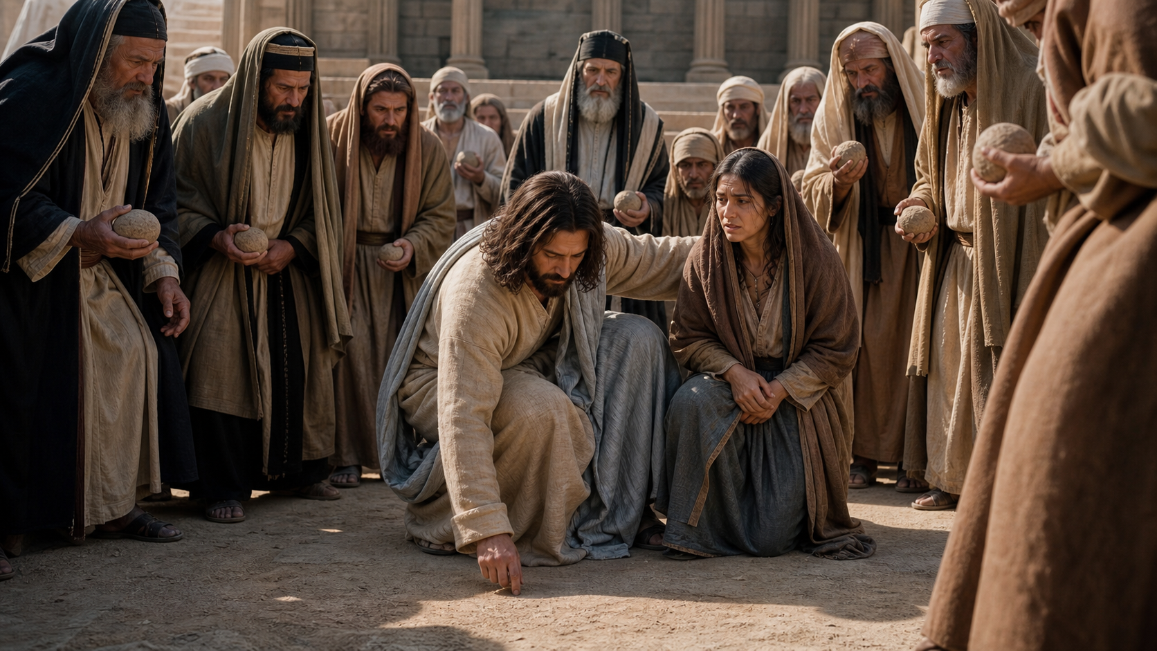 Jesus writing in the dust while standing beside a woman threatened by accusers