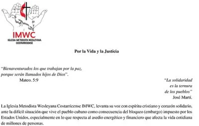 Methodist Wesleyan Church of Costa Rica Condemns U.S. Blockade on Cuba, Calls for Peace and Justice