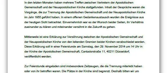 Ceremony Scheduled for Reconciliation Statement Between United Apostolic Church and New Apostolic Church