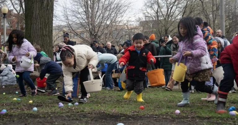 Vineyard Church hosts Easter egg hunt at Florence Stout Park, attracting diverse families and over 5,000 plastic eggs.